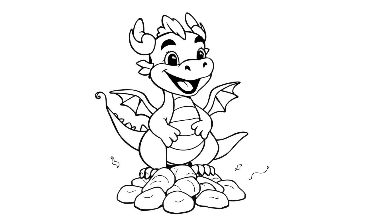 A cute black and white cartoon dragon from a color panel, standing on rocks.