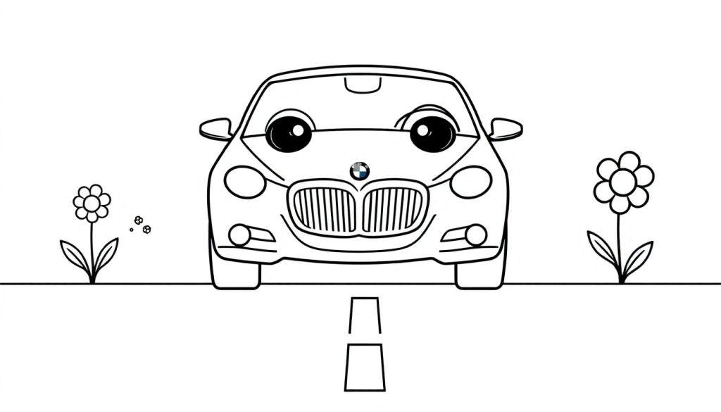 A friendly BMW car with big cartoon eyes on a road, a black and white color panel for kids.