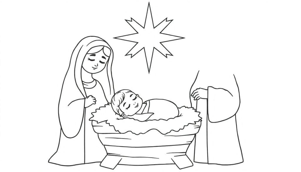 A cute black and white coloring page of baby Jesus sleeping in a manger with Mary and Joseph watching over him. A star shines brightly above them, all in a delightful color panel.
