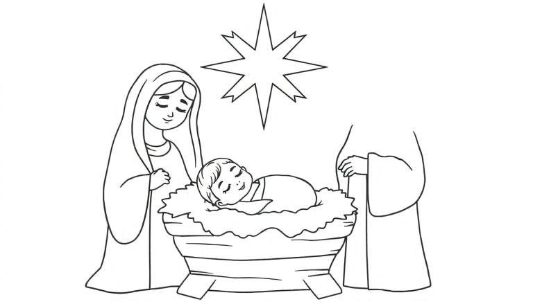 A cute black and white coloring page of baby Jesus sleeping in a manger with Mary and Joseph watching over him. A star shines brightly above them, all in a delightful color panel.