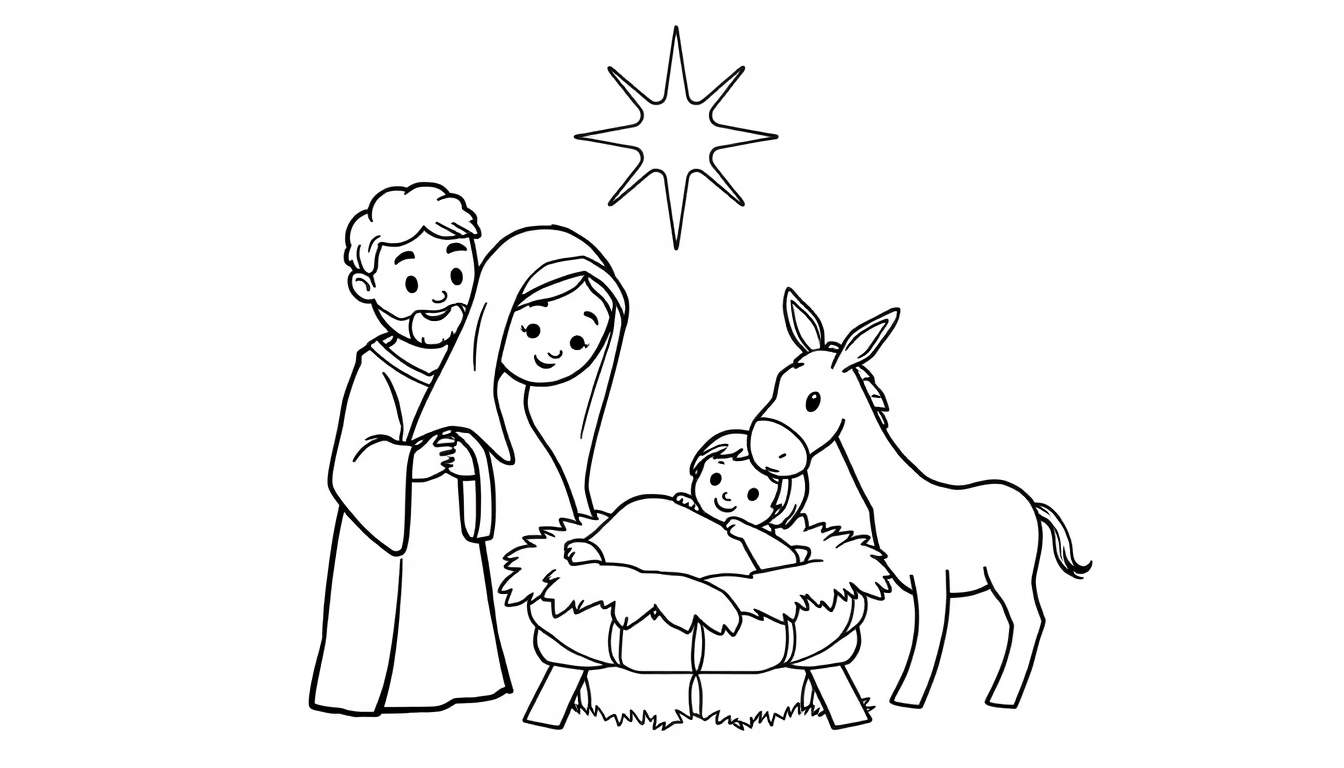 A cute black and white nativity scene color panel illustration with Mary, Joseph, baby Jesus in a manger, a gentle donkey, and a shining star above. Simple, child-friendly lines.
