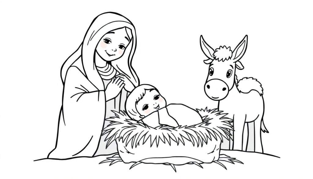 A black and white nativity color panel featuring Mary and baby Jesus in a manger, with a donkey nearby.