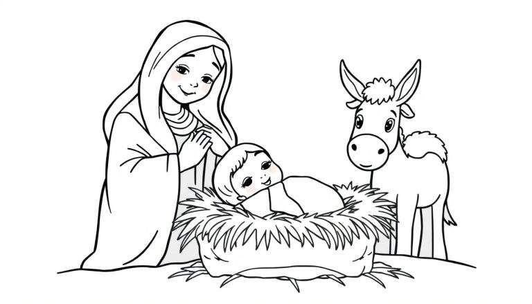 A black and white nativity color panel featuring Mary and baby Jesus in a manger, with a donkey nearby.