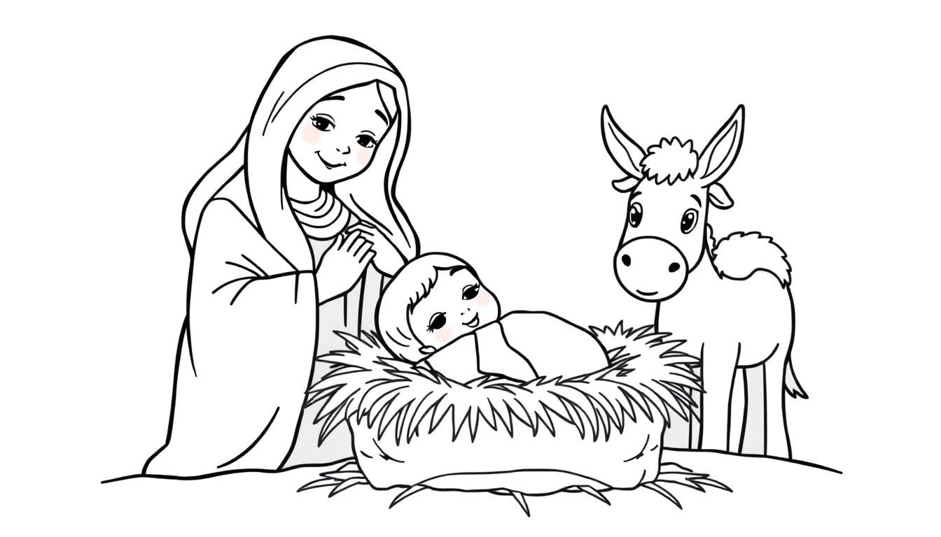 A black and white nativity color panel featuring Mary and baby Jesus in a manger, with a donkey nearby.
