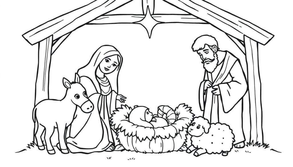 A simple black and white nativity scene for a color panel, showing Baby Jesus in a manger, with Mary, Joseph, a donkey, and a sheep.