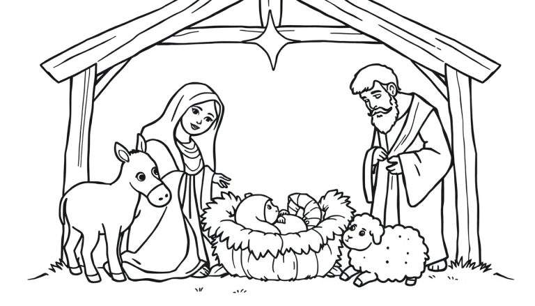 A simple black and white nativity scene for a color panel, showing Baby Jesus in a manger, with Mary, Joseph, a donkey, and a sheep.