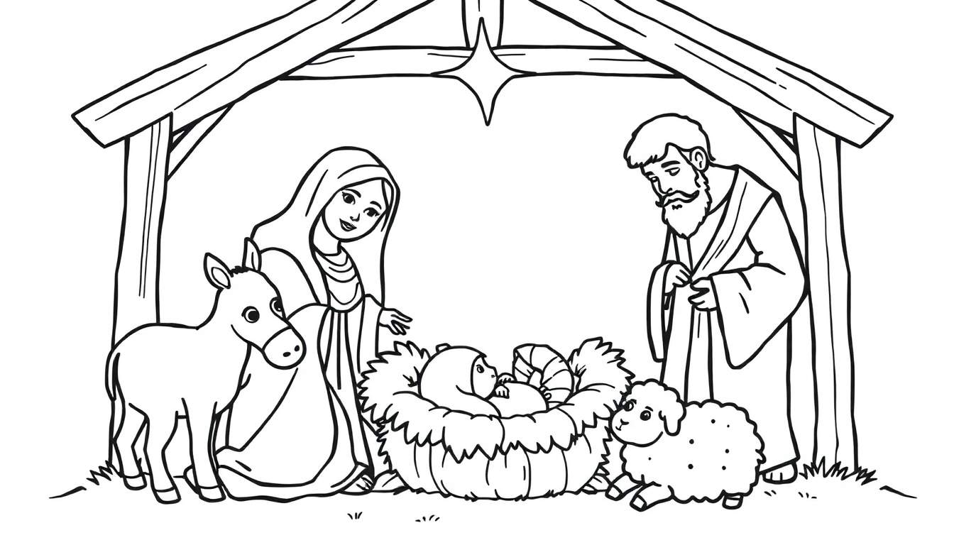 A simple black and white nativity scene for a color panel, showing Baby Jesus in a manger, with Mary, Joseph, a donkey, and a sheep.
