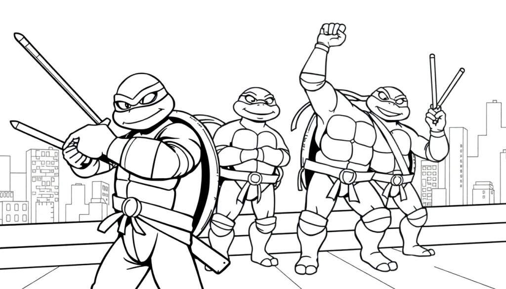 Teenage Mutant Ninja Turtles posing in front of a city skyline, a black and white coloring page color panel.