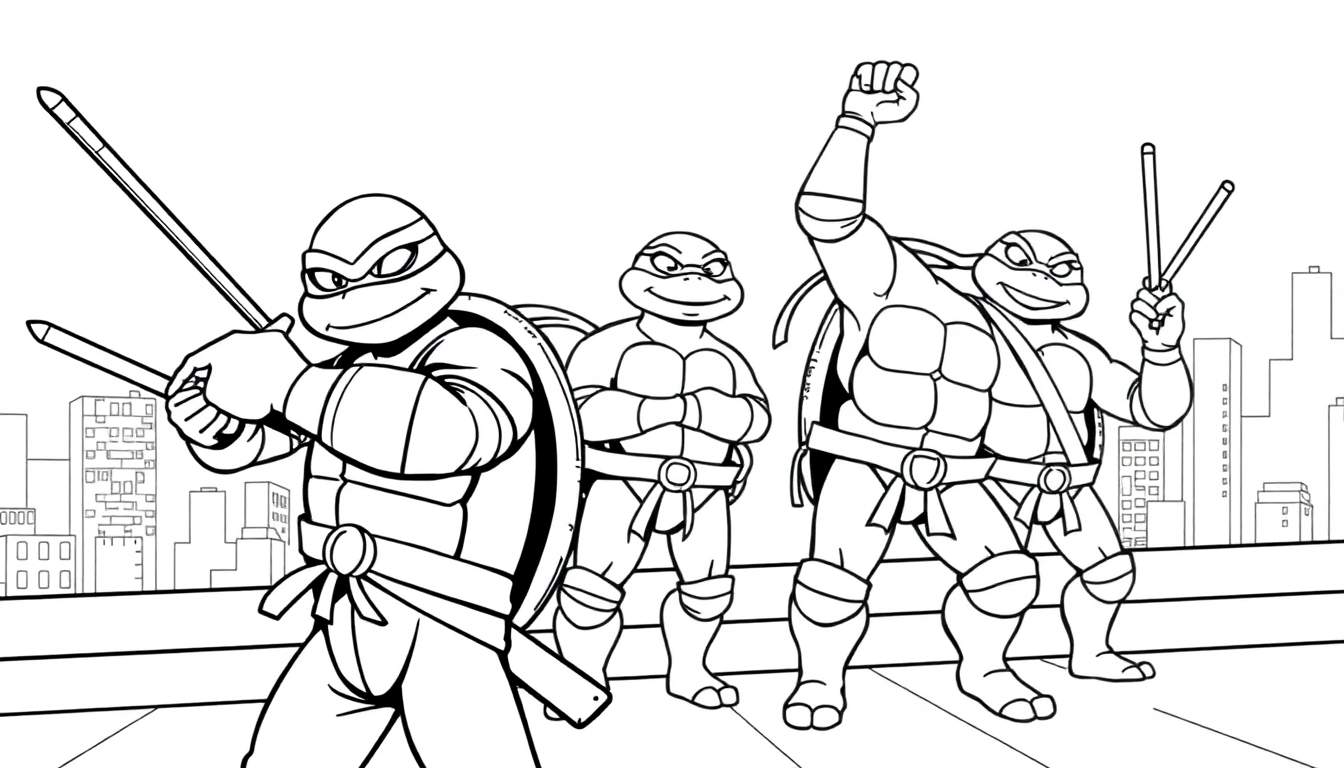 Teenage Mutant Ninja Turtles posing in front of a city skyline, a black and white coloring page color panel.