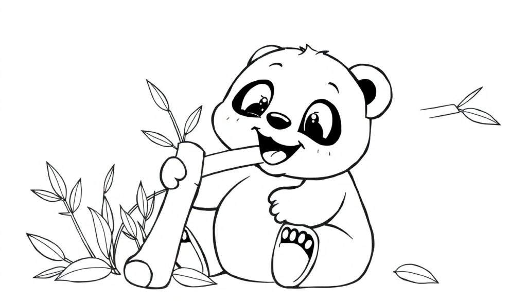 A happy cartoon panda cub sitting and holding bamboo in a black and white coloring panel.
