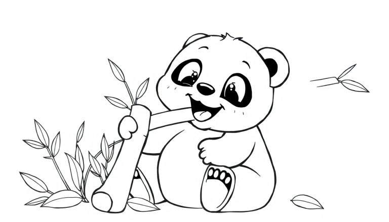 A happy cartoon panda cub sitting and holding bamboo in a black and white coloring panel.