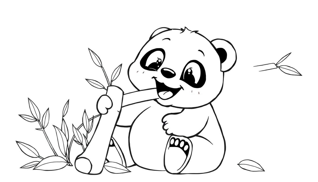 A happy cartoon panda cub sitting and holding bamboo in a black and white coloring panel.