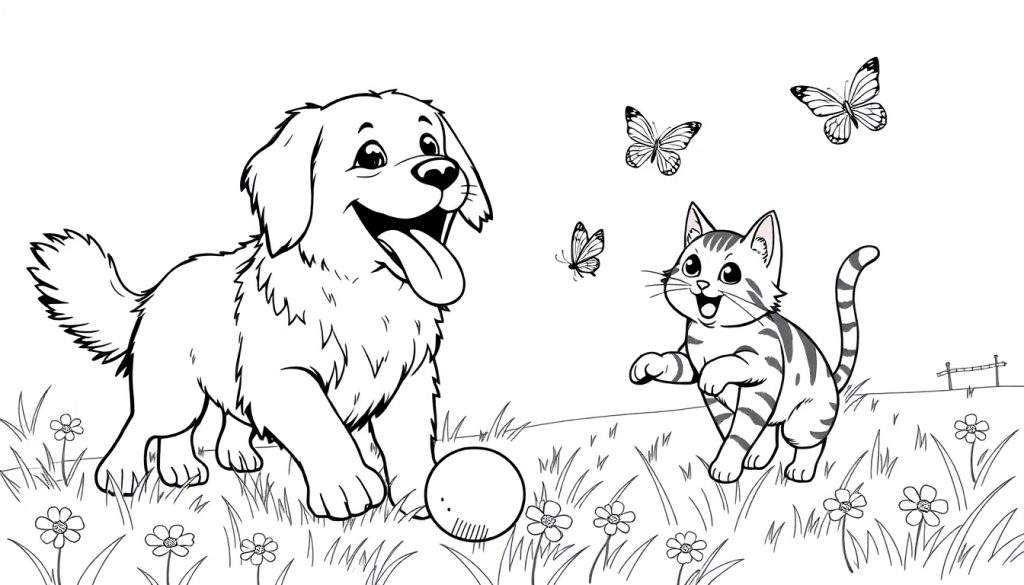 A happy dog and cat playing with butterflies in a park, outlined for a color panel.
