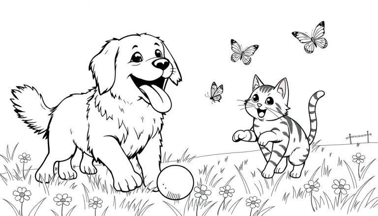 A happy dog and cat playing with butterflies in a park, outlined for a color panel.