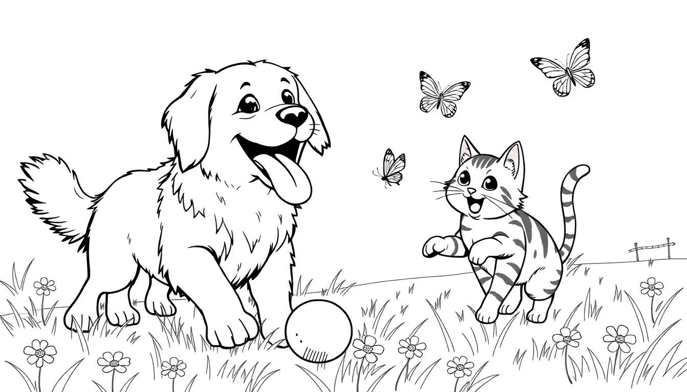 A happy dog and cat playing with butterflies in a park, outlined for a color panel.