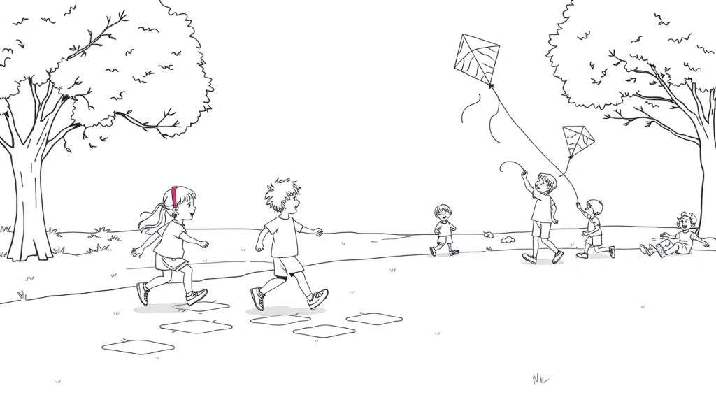 A black and white illustration of children playing in a park, with some kids jumping on stepping stones and others flying kites. This color panel shows a lively outdoor scene.