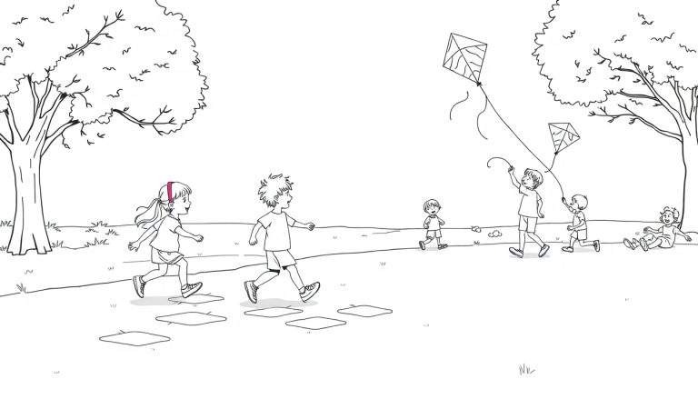 A black and white illustration of children playing in a park, with some kids jumping on stepping stones and others flying kites. This color panel shows a lively outdoor scene.