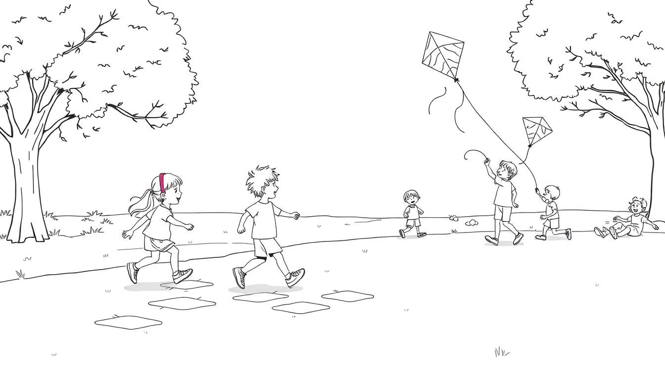 A black and white illustration of children playing in a park, with some kids jumping on stepping stones and others flying kites. This color panel shows a lively outdoor scene.