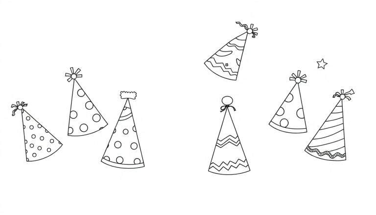 A black and white color panel featuring seven party hats with fun patterns and ribbons, ready for coloring.