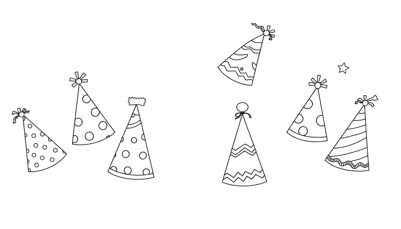 A black and white color panel featuring seven party hats with fun patterns and ribbons, ready for coloring.