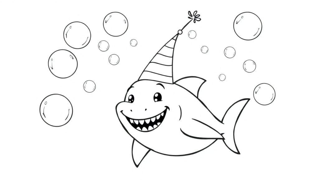 A friendly cartoon shark in a black and white color panel wearing a party hat and smiling with bubbles around.
