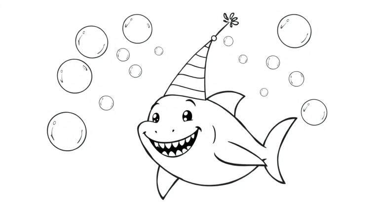 A friendly cartoon shark in a black and white color panel wearing a party hat and smiling with bubbles around.