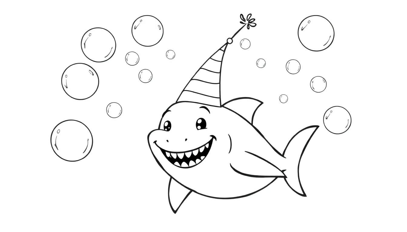 A friendly cartoon shark in a black and white color panel wearing a party hat and smiling with bubbles around.
