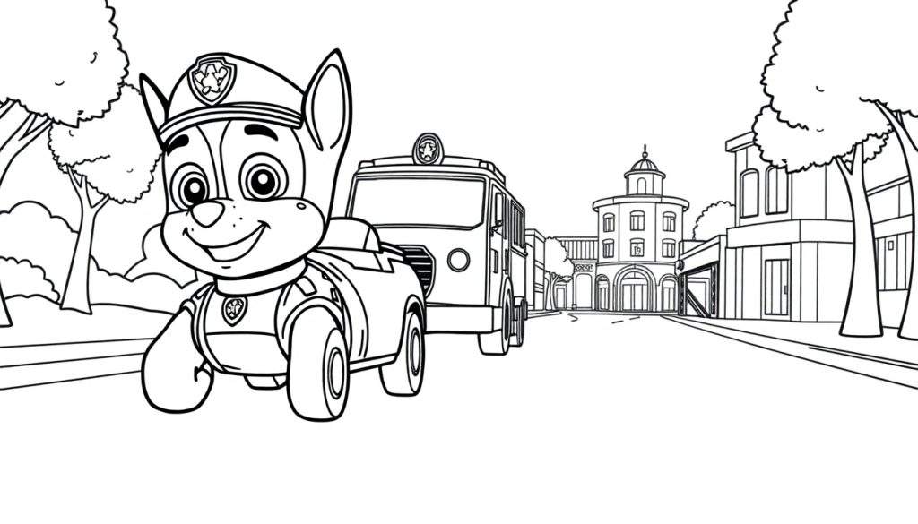 A Paw Patrol color panel featuring Chase in his police car and Marshall in a fire truck, ready for an adventure in Adventure Bay.
