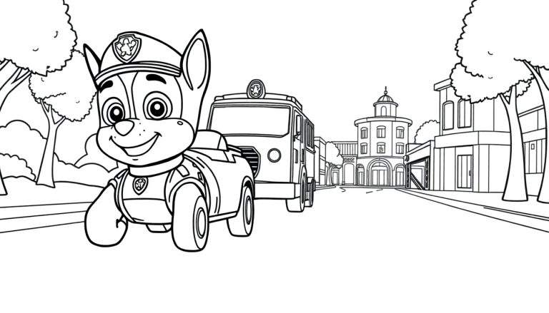 A Paw Patrol color panel featuring Chase in his police car and Marshall in a fire truck, ready for an adventure in Adventure Bay.