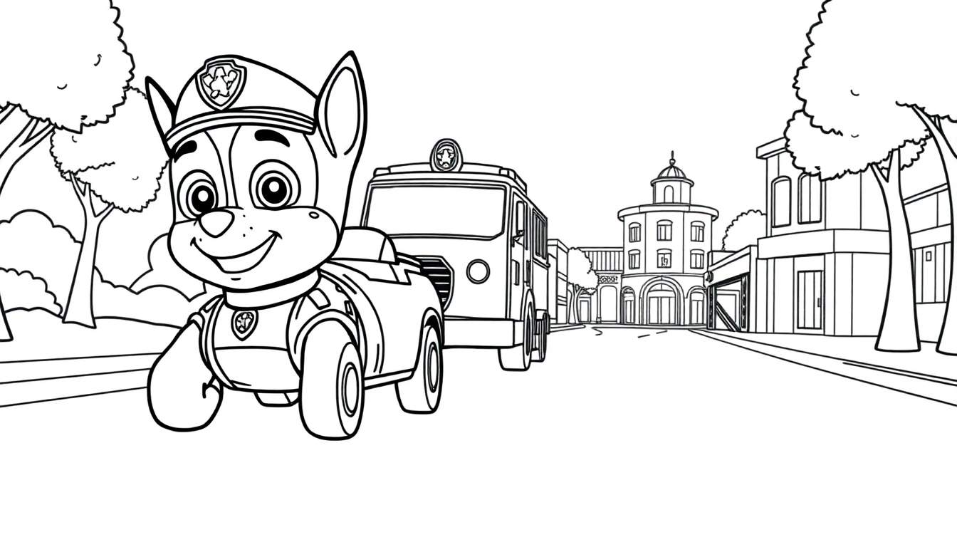 A Paw Patrol color panel featuring Chase in his police car and Marshall in a fire truck, ready for an adventure in Adventure Bay.