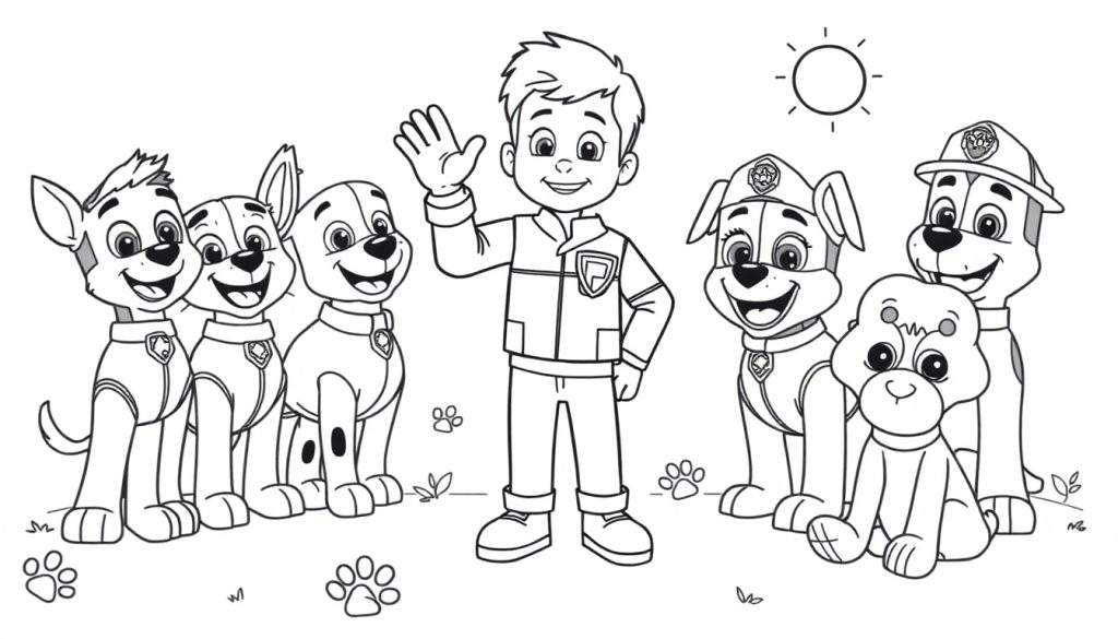 A friendly color panel featuring Ryder and the Paw Patrol pups ready for adventure.