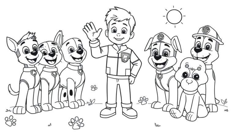 A friendly color panel featuring Ryder and the Paw Patrol pups ready for adventure.