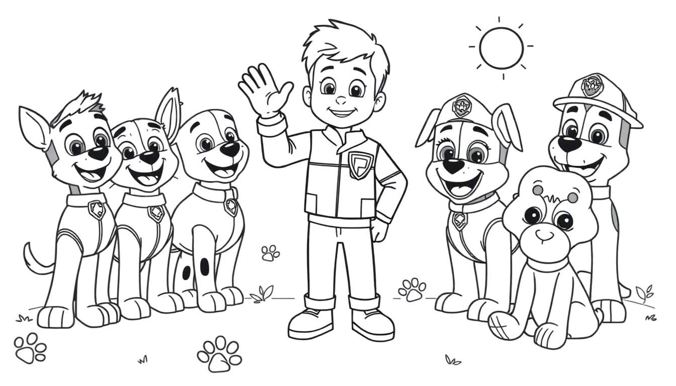 A friendly color panel featuring Ryder and the Paw Patrol pups ready for adventure.