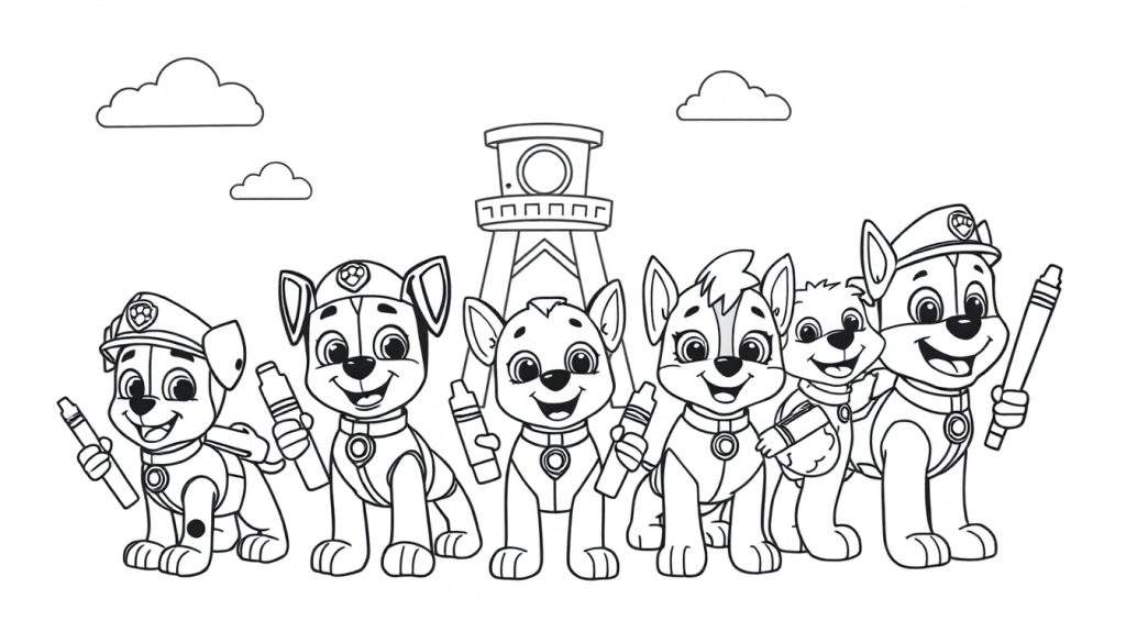 Paw Patrol color panel with pups ready to color.