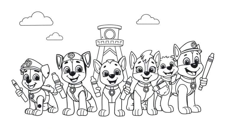 Paw Patrol color panel with pups ready to color.