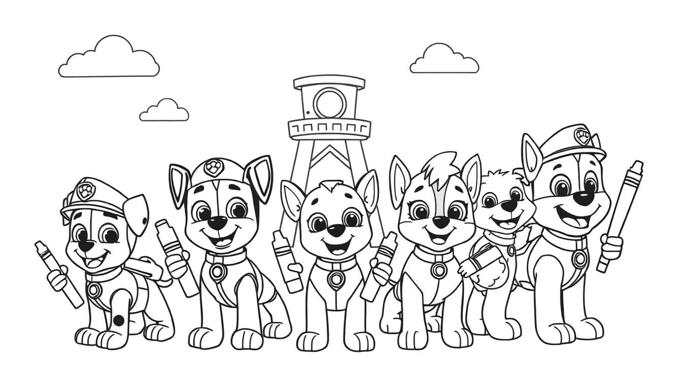 Paw Patrol color panel with pups ready to color.