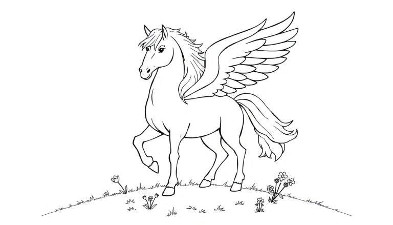 A black and white line drawing of a Pegasus, a mythical winged horse, in a field, ready to be colored in this color panel.