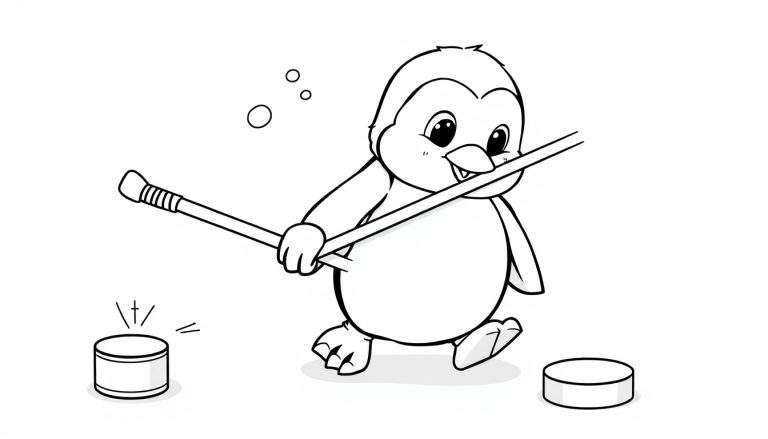 A cute baby penguin in a black and white color panel drawing, holding a hockey stick in its mouth and hand, playing ice hockey.