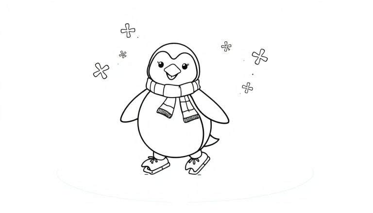 A cute penguin ice skating on a frozen pond, ready for coloring on this color panel.