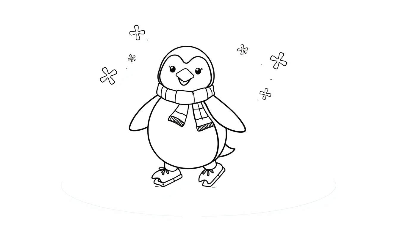 A cute penguin ice skating on a frozen pond, ready for coloring on this color panel.