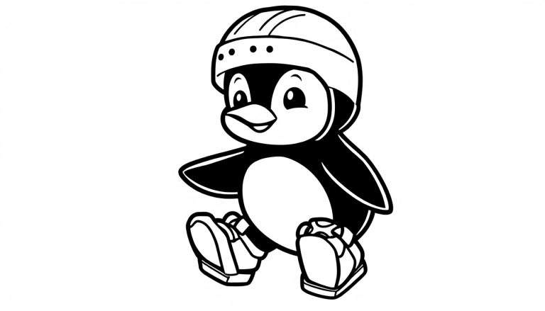A black and white cartoon penguin wearing a hockey helmet and roller skates sits ready to skate, a fun color panel for kids.