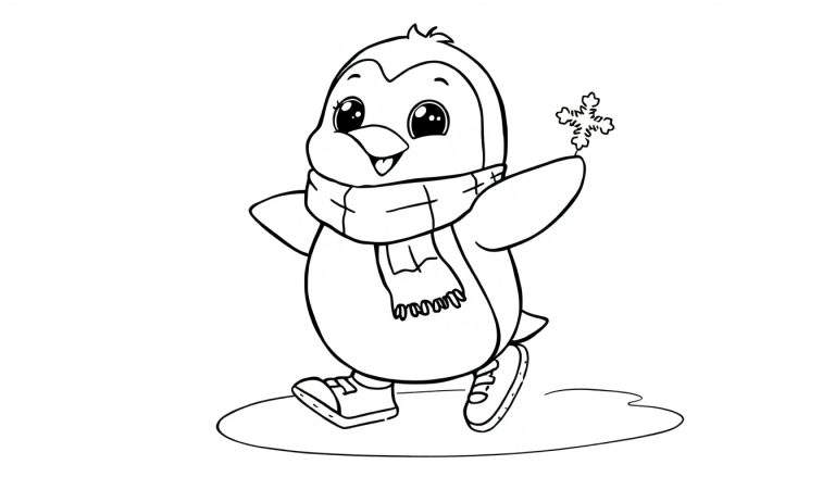A cute penguin in a black and white color panel, wearing a scarf and sneakers, holding a snowflake.