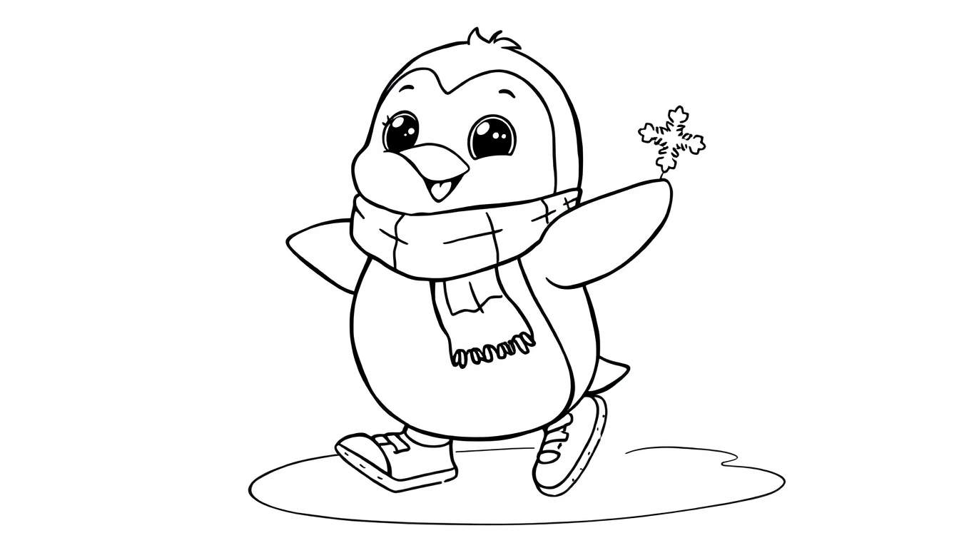 A cute penguin in a black and white color panel, wearing a scarf and sneakers, holding a snowflake.