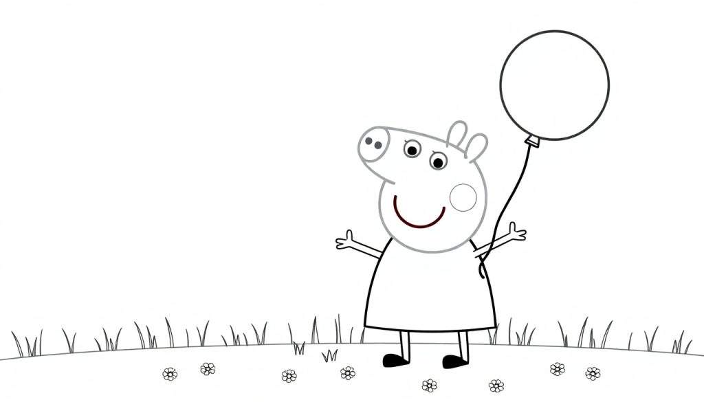 A cheerful Peppa Pig holding a bright balloon, ready for coloring in a black and white outline color panel.