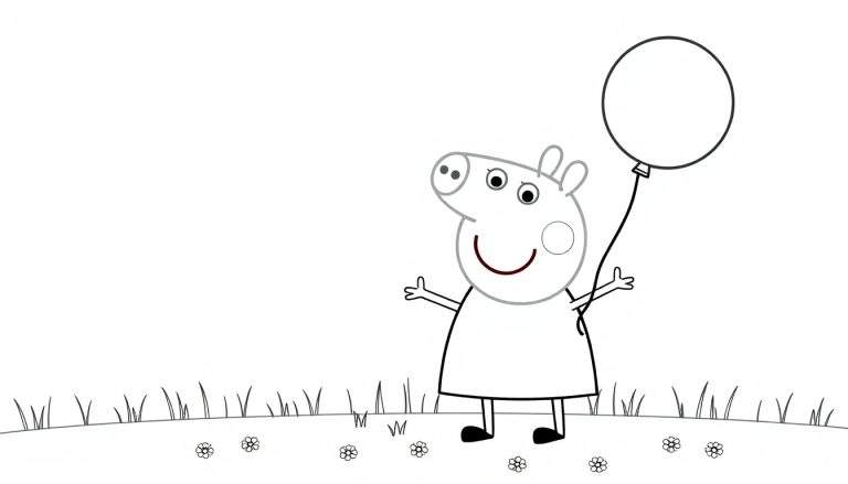 A cheerful Peppa Pig holding a bright balloon, ready for coloring in a black and white outline color panel.