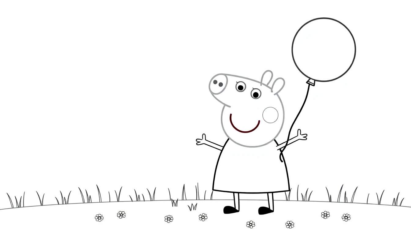 A cheerful Peppa Pig holding a bright balloon, ready for coloring in a black and white outline color panel.