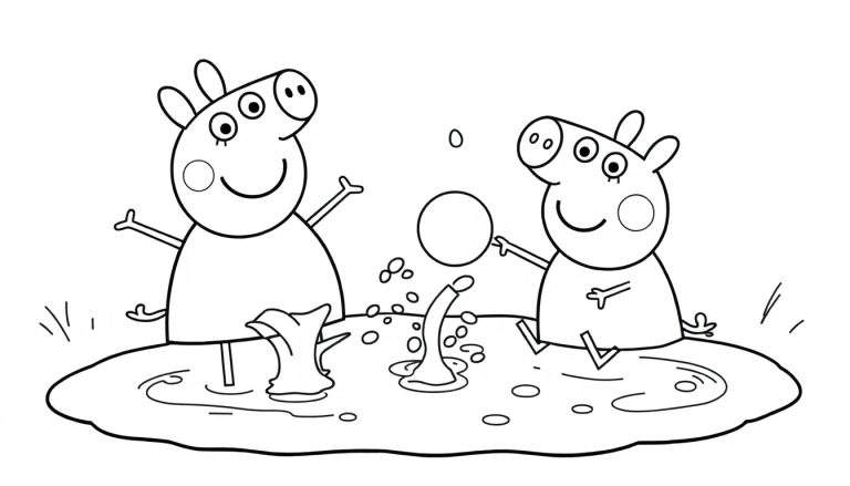 Peppa Pig and George jumping in a muddy puddle, a black and white color panel.