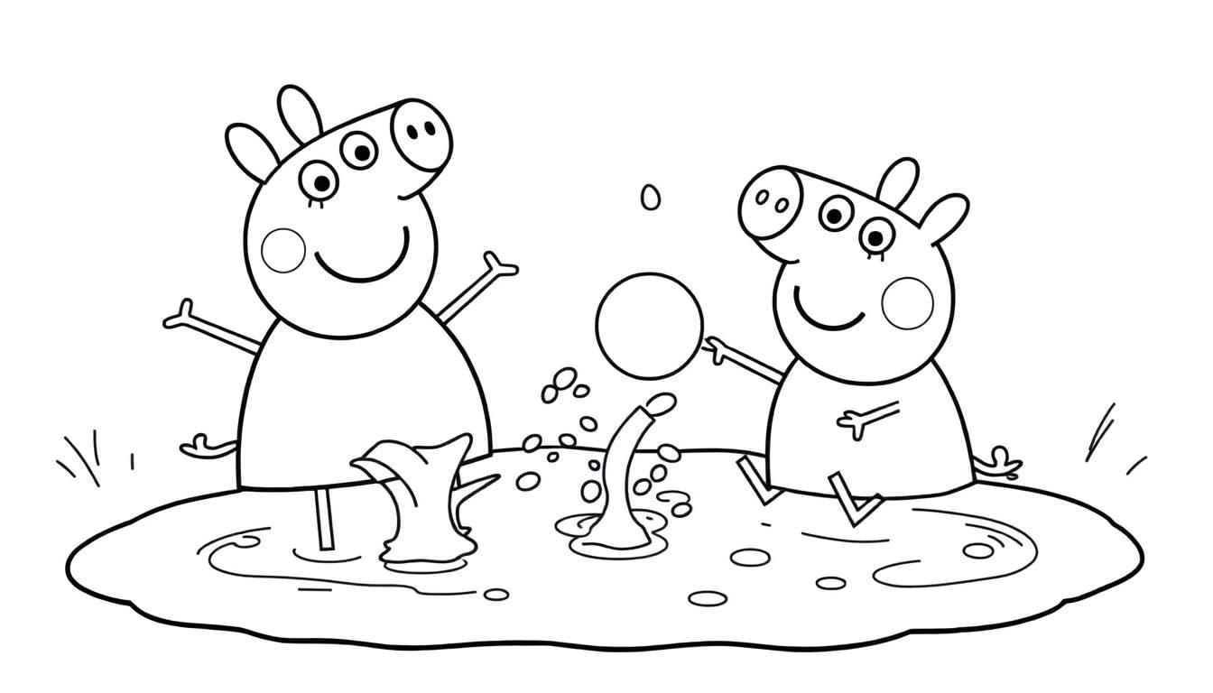 Peppa Pig and George jumping in a muddy puddle, a black and white color panel.