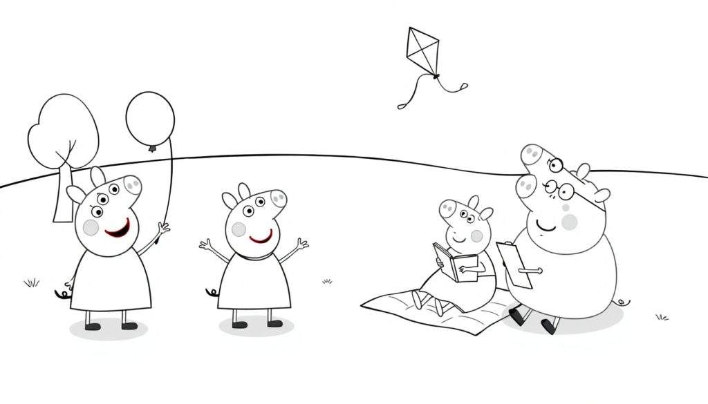 A black and white Peppa Pig color panel showing Peppa holding a balloon, George with arms up, and Mummy Pig reading with Daddy Pig working at a picnic.