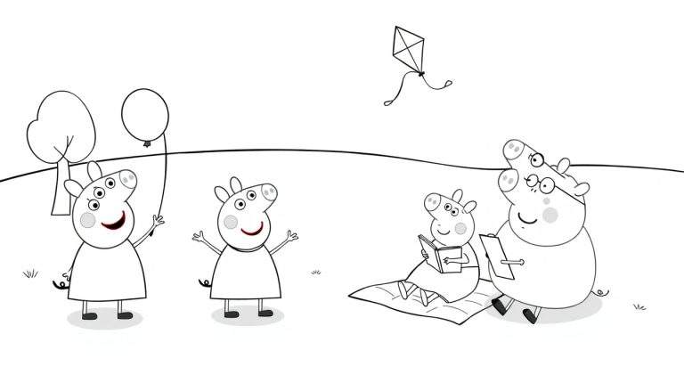 A black and white Peppa Pig color panel showing Peppa holding a balloon, George with arms up, and Mummy Pig reading with Daddy Pig working at a picnic.
